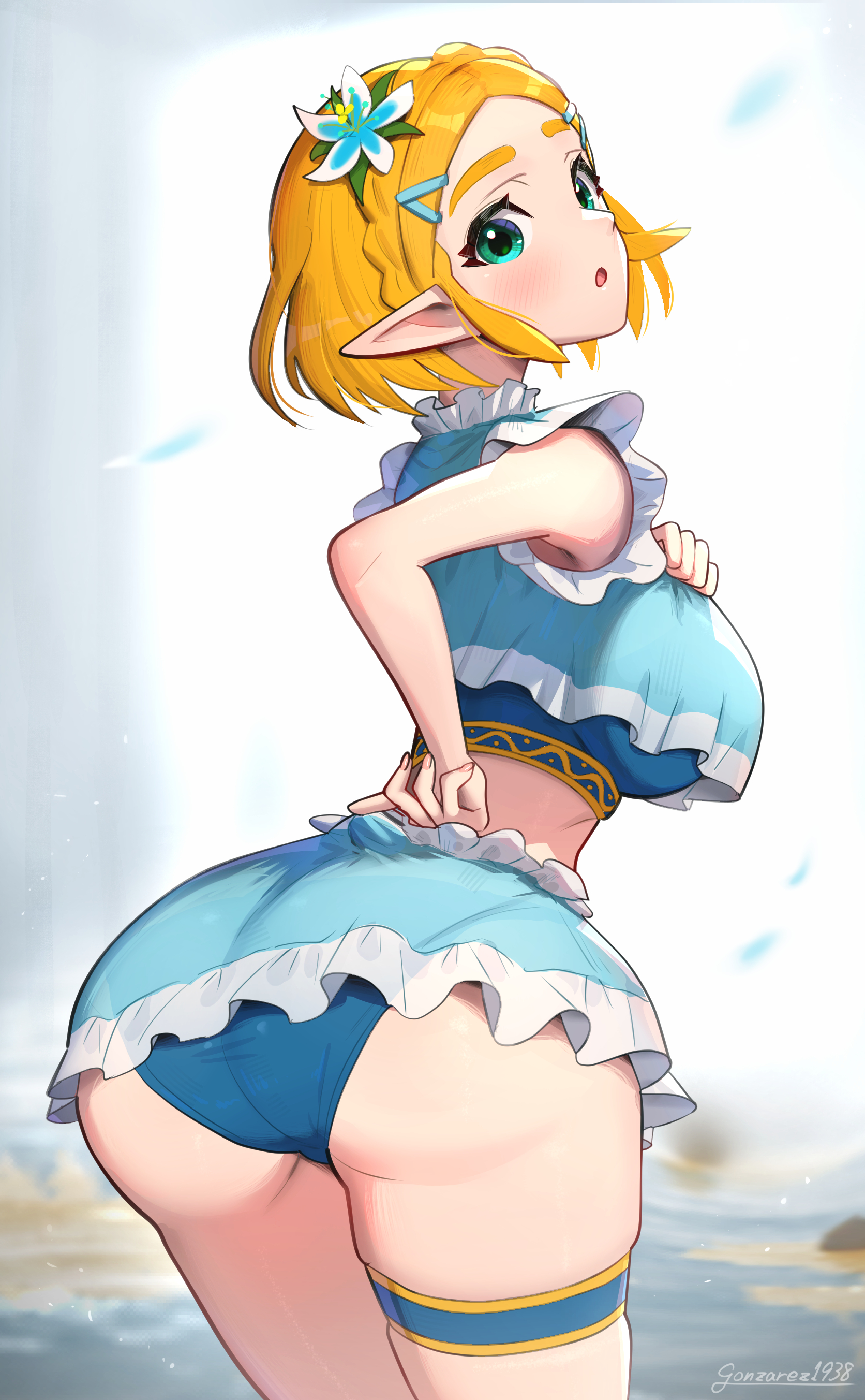 1girls, ass, blonde hair, breasts, female, flower, flower in hair, gonzarez, green eyes, looking at viewer, looking back, nintendo, pointy ears, princess zelda, short hair, sideboob, solo, swimsuit, tears of the kingdom, the legend of zelda, zelda (tears of the kingdom)