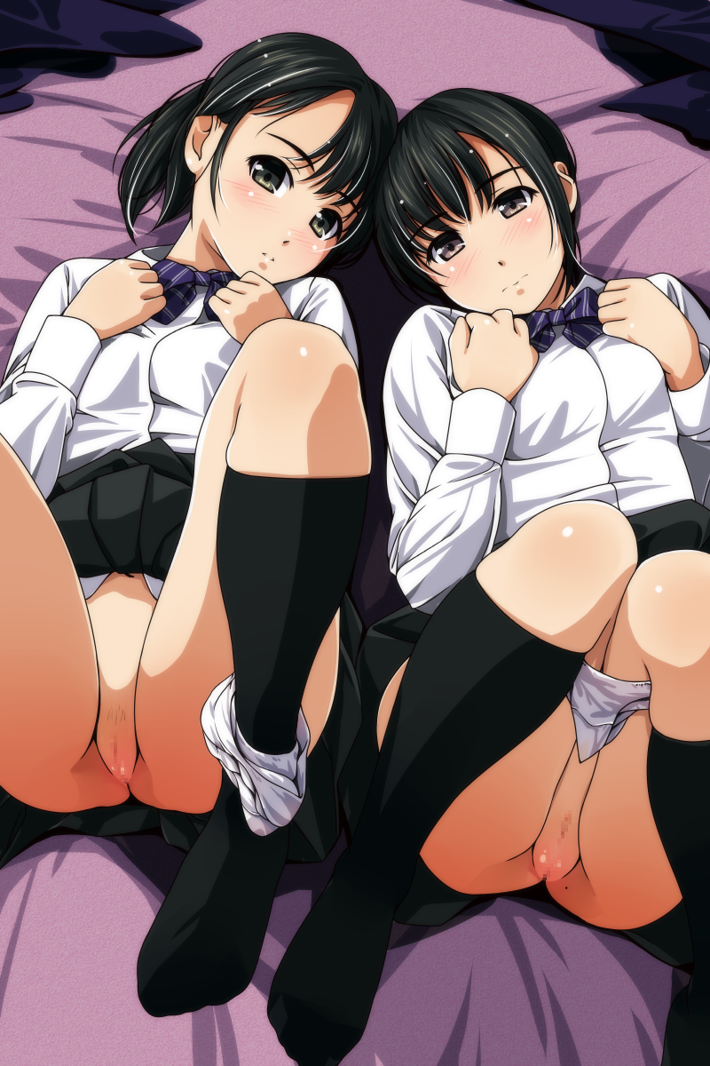 2girls ass bangs black_eyes black_hair black_legwear black_skirt blush bow breasts brown_eyes censored closed_mouth collared_shirt enty_reward expressionless eyebrows_visible_through_hair feet female highres kneehighs knees_up long_sleeves looking_at_viewer lying matsunaga_kouyou medium_breasts mosaic_censoring multiple_girls no_shoes on_back original paid_reward panties panties_around_leg parted_bangs pleated_skirt pubic_hair pussy school_uniform shirt short_hair skirt skirt_lift socks spread_legs underwear white_shirt