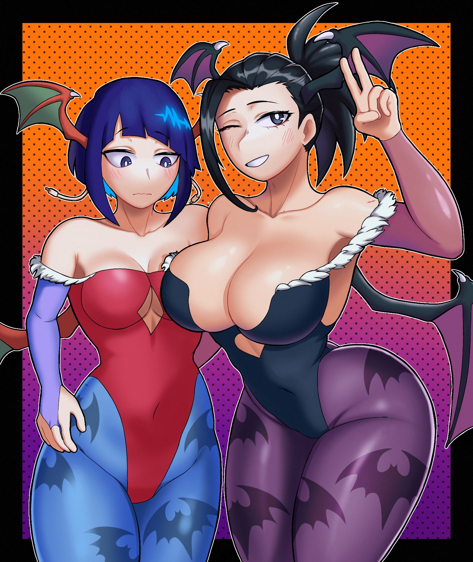 2girls, animal print, ass, bat print, big ass, big breasts, black eyes, black hair, black leotard, black-haired female, blue eyes, blue hair, breasts, cleavage, cosplay, darkstalkers, evoltodraw, female, female only, fur trim, head wings, huge breasts, kyoka jiro, large breasts, leotard, lilith aensland (cosplay), momo yaoyorozu, morrigan aensland (cosplay), multiple females, multiple girls, my hero academia, purple hair, purple-haired female, red leotard, short hair, wings