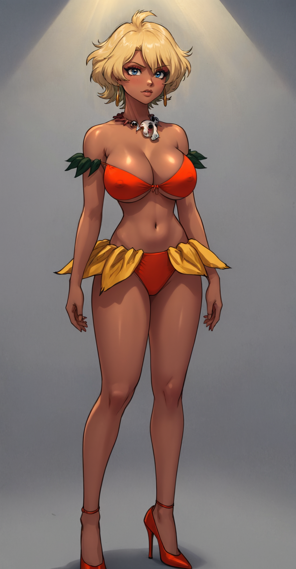 1girls ai_generated bikini bikini_bottom bikini_top blonde_hair breasts busty cleavage curvy dark-skinned_female dark_skin earrings female full_body goddess half_naked hanging_breasts high_heels huge_breasts jungle_de_ikou large_breasts leaf mii_(jungle_de_ikou) necklace short_hair skirt skull_necklace solo stable_diffusion standing thick_thighs tribal voluptuous wide_hips