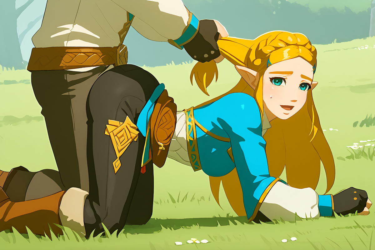 ai generated, ass, big ass, big butt, blonde hair, blue eyes, breath of the wild, cameltoe, doggy style, female, from behind, grass, hands on ground, huge ass, kneeling, lying, outdoors, princess zelda, provocative, pussy, round ass, sex, sex from behind, smile, stable diffusion, the legend of zelda, thighs, zelda (breath of the wild)