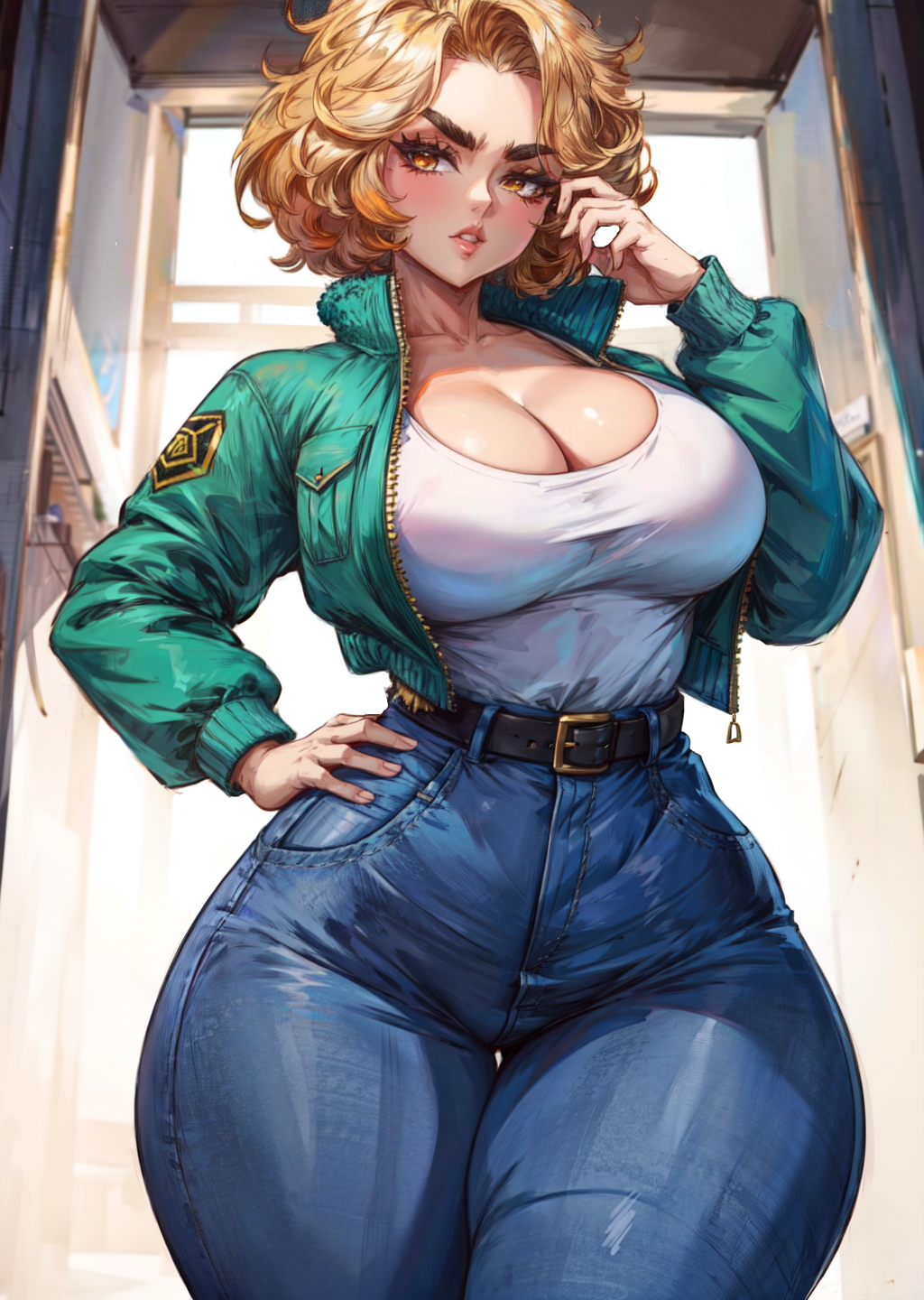 1girls adjusting_hair ai_generated astrid_(tampopo) belt big_breasts blonde_hair bomber_jacket breasts cleavage curvaceous curvy curvy_female curvy_figure female female_only golden_hair hand_on_hip hips_wider_than_shoulders huge_thighs jacket large_breasts looking_away messy_hair orange_eyes parted_lips short_hair short_jacket solo solo_female stable_diffusion standing tampopo tank_top thick_eyebrows thick_thighs tucked_shirt wide_hips yellow_eyes