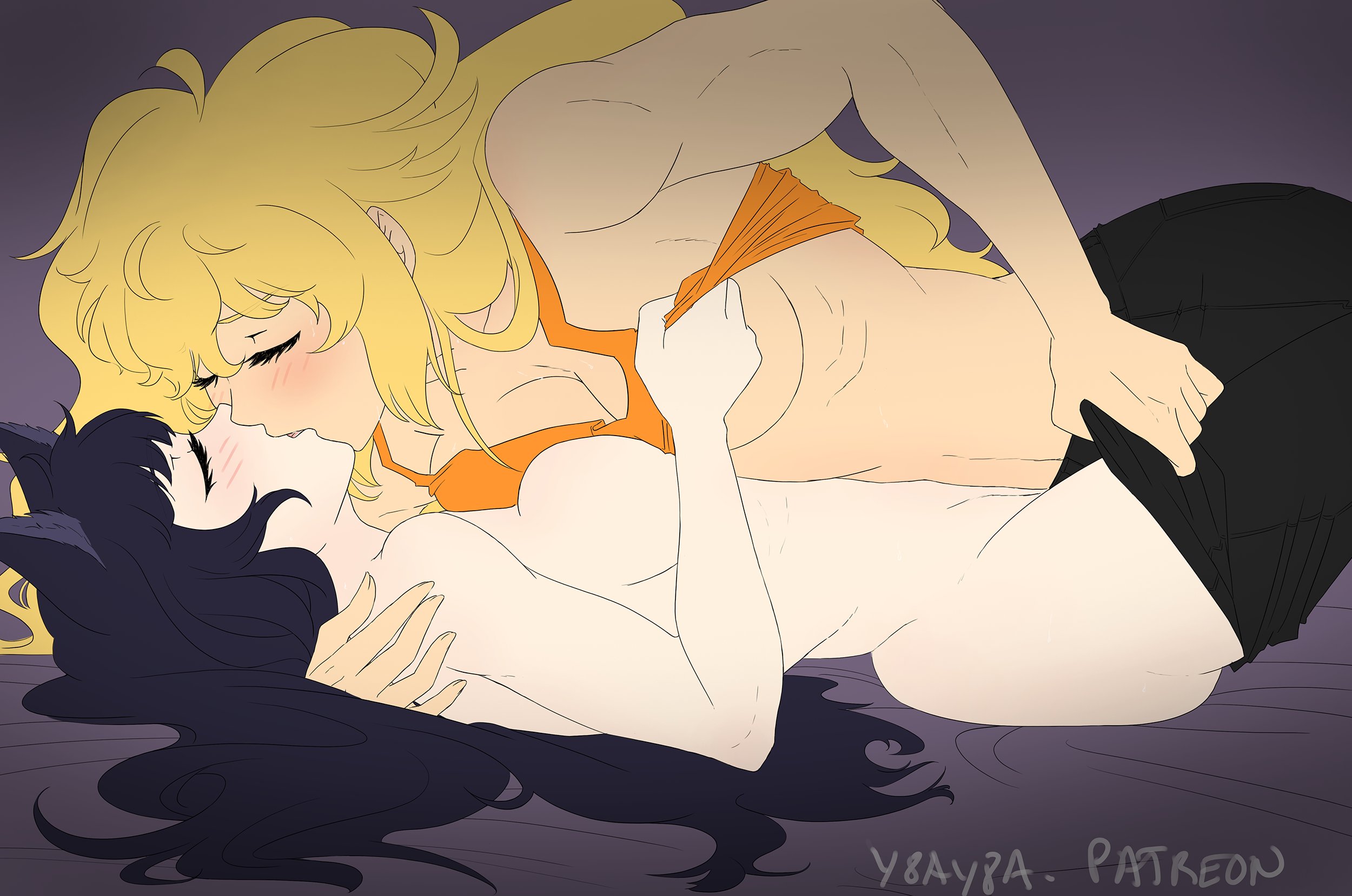 2girls, black hair, blake belladonna, blonde hair, canon couple, female, lesbian, lesbian kiss, lesbian sex, multiple females, multiple girls, muscular, muscular arms, muscular female, rwby, y8ay8a, yang xiao long, yuri