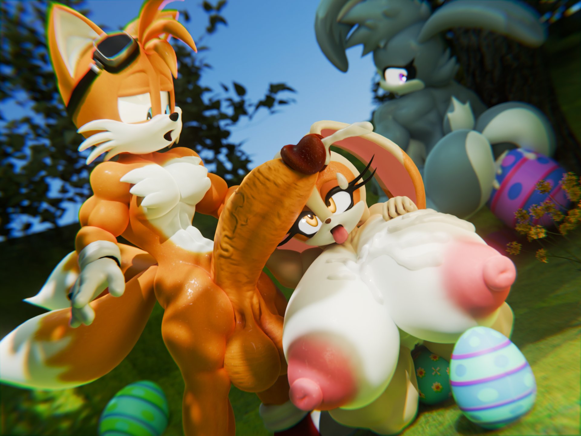 3d, 3d (artwork), big ass, breasts, cream the rabbit, cum, diag34k, easter egg, female, gigantic breasts, huge breasts, huge cock, male, miles tails prower, mobian (species), penis, sonic (series), sonic the hedgehog (series), tails the fox, tounge out