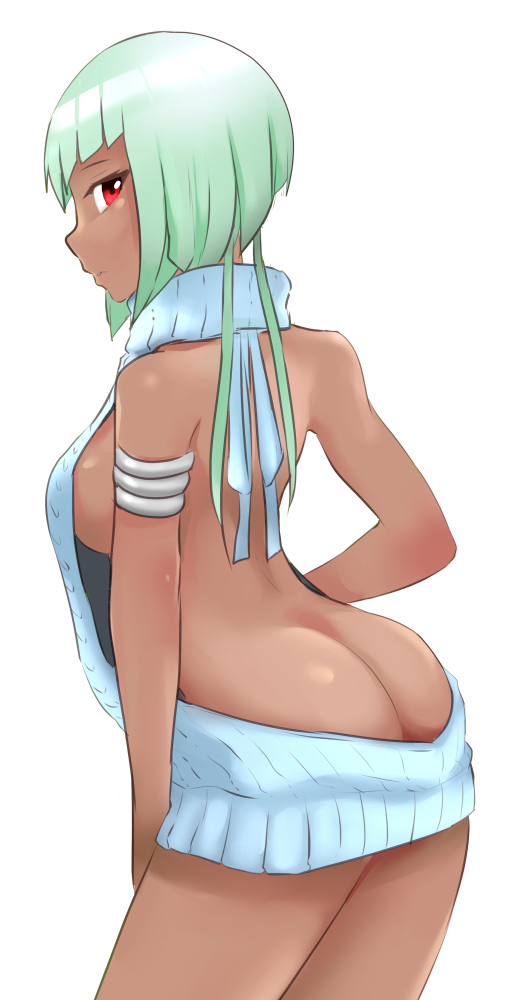 aran_sweater armlet ass ass_cleavage back backless_outfit bangs bare_shoulders blue_sweater blunt_bangs bob_cut breasts butt_crack closed_mouth dark-skinned_female dark_skin drawstring dress emerald_sustrai eyebrows eyelashes female green_hair hand_on_hip jewelry looking_at_viewer looking_back medium_breasts meme_attire midriff naked_sweater open-back_dress parted_lips posterior_cleavage r_sin red_eyes reversein ribbed_sweater rwby shiny shiny_hair shiny_skin short_hair side_view simple_background sleeveless sleeveless_turtleneck solo solo_focus standing sweater sweater_dress turtleneck turtleneck_sweater virgin_killer_sweater white_background