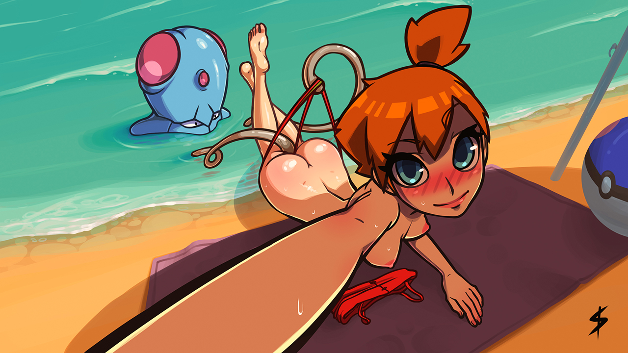 ass, barefoot, beach, bikini, bikini top, bikini top removed, blue eyes, breasts, feet, female, femsub, feral, human, kasumi (pokemon), looking at viewer, lost clothes, lying, misty (pokemon), nintendo, nipples, on stomach, orange hair, outstretched arm, pokemon, pokemon (anime), pokemon (species), pokephilia, pussy, red bikini, self shot, sismicious, tentacle, tentacool, vaginal penetration, wedgie, zoophilia