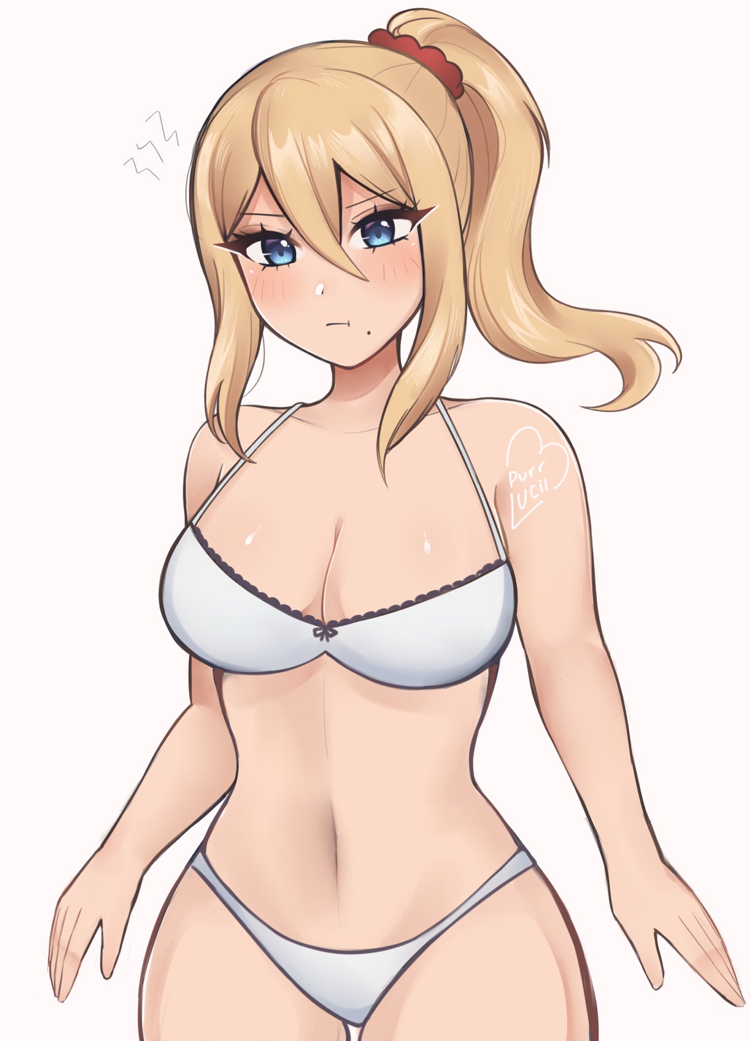 1girls, blonde hair, blue eyes, breasts, female, metroid, nintendo, pointy chin, purrlucii, samus aran, solo, solo female, tagme, underwear