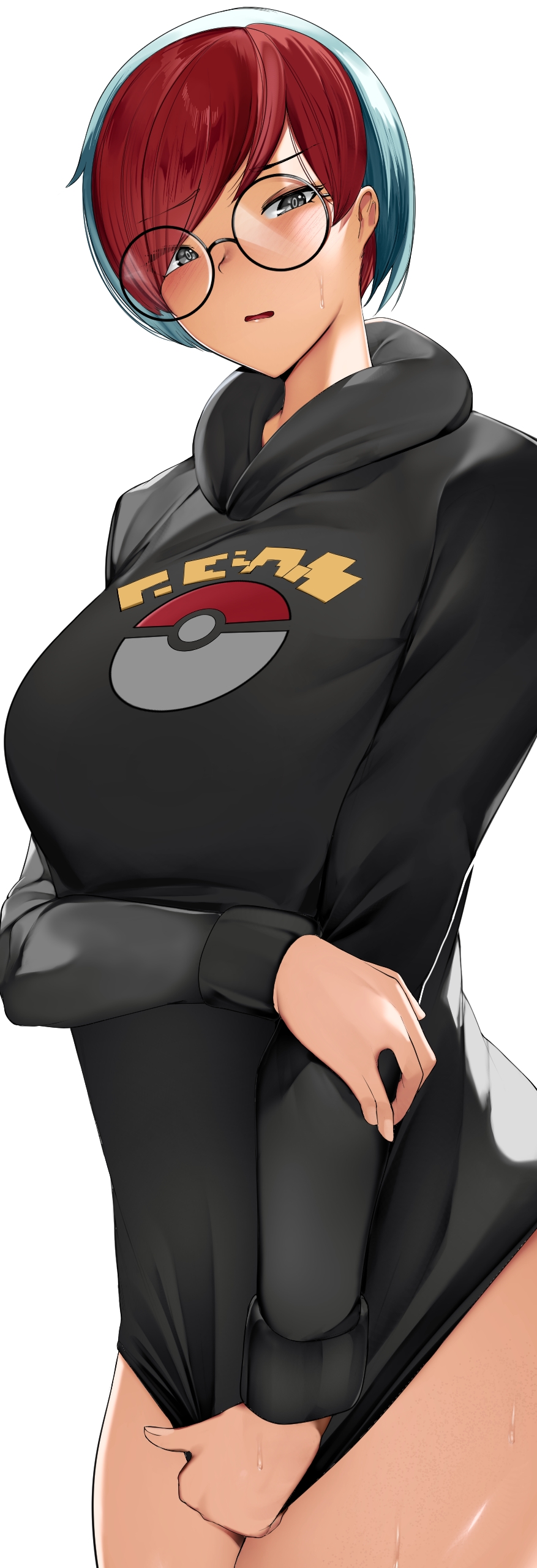 1girls big_breasts blue_hair blush blush_lines blushing_at_viewer blushing_female bottomless breasts busty covering_crotch female female_focus female_only glasses gray_eyes grey_eyes human jacket jacket_only nerd nerdy nerdy_female nervous nervous_face nervous_female nervous_sweat nervous_sweating penny_(pokemon) pokemon pokemon_human_picture pokemon_human_picture_human_characters_in_pok&eacute;mon pokemon_sv red_hair shy shy_expression shy_face shy_female sweat sweatdrop sweating sweaty sweaty_body sweaty_thighs team_star thick_thighs thighs white_background yuuyuu_(yuuki1771)