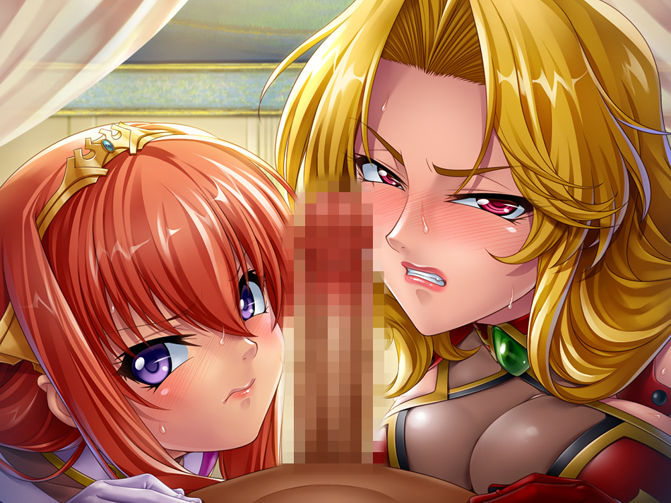 1boy 2girls alicia_viewstream angry blonde_hair blush breast_press breasts censored collaborative_fellatio fellatio female gloves hair_ornament imminent_fellatio jewelry kagami_hirotaka kangoku_senkan kangoku_senkan_2 large_breasts lilith-soft looking_at_viewer maya_cordelia multiple_girls no_bra oral orange_hair penis princess purple_eyes queen red_eyes see-through shiny shiny_clothes shiny_hair sideboob skin_tight straight sweat taimanin_asagi_battle_arena teamwork tiara