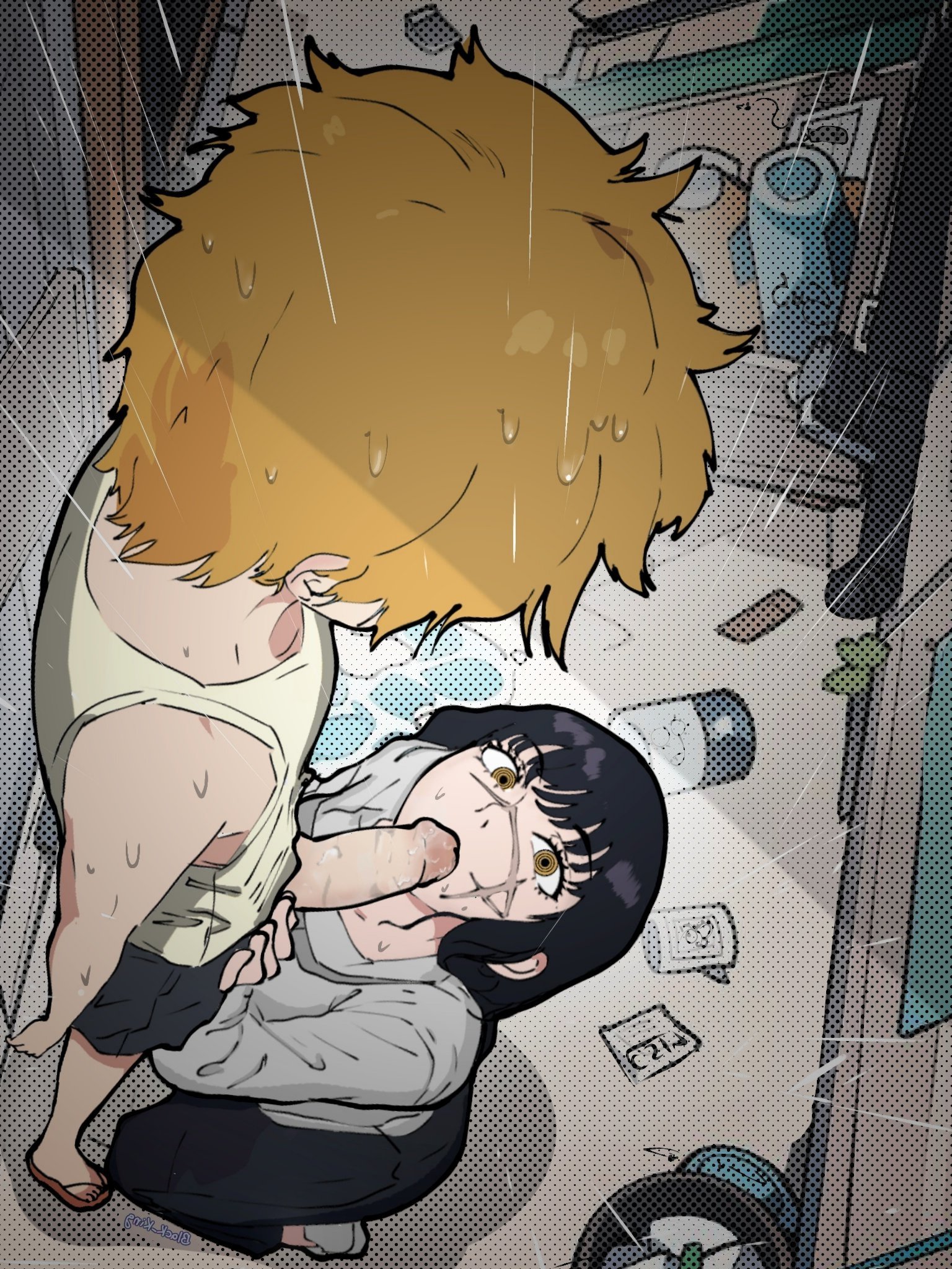 1boy, 1girls, 2024, big penis, black hair, black king1997, blonde hair, chainsaw man, clothed, color, denji (chainsaw man), female, imminent oral, male, mitaka asa, penis, raining, scar, scar on face, yellow eyes, yoru (chainsaw man)