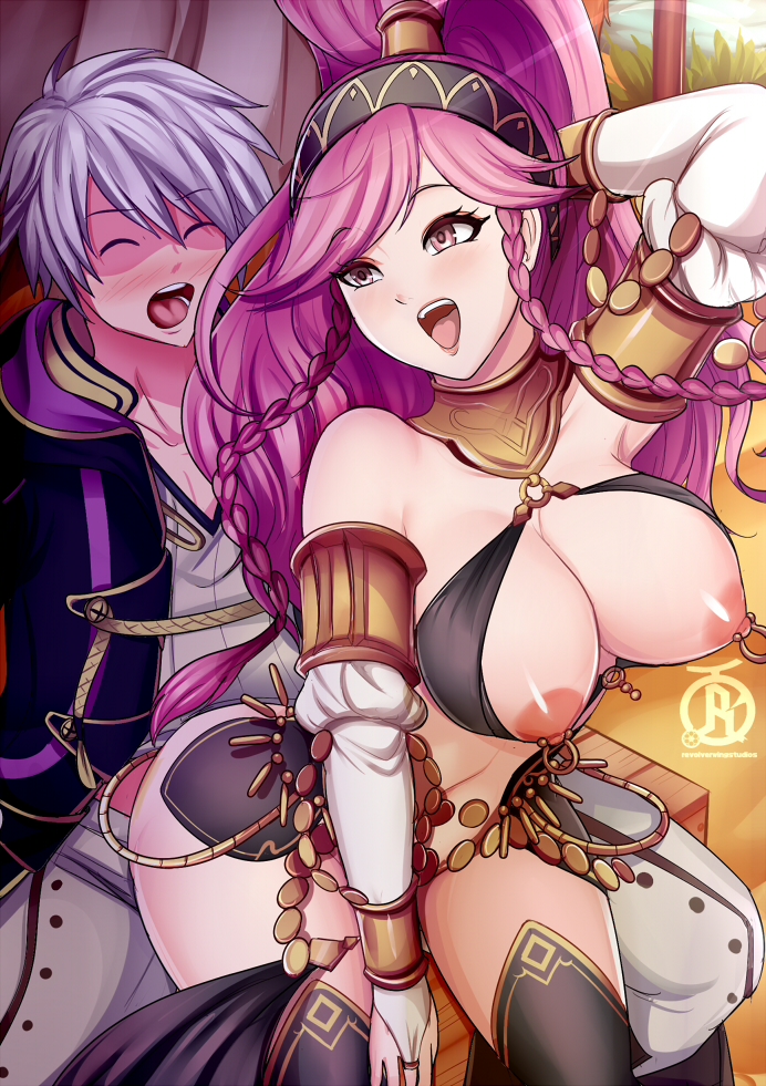 1boy, alternate costume, ass, ass shake, assjob, blush, breasts, buttjob, dancing, female, fire emblem, fire emblem awakening, fire emblem heroes, grinding, lapdance, large breasts, male, nipple piercing, nipples, olivia (fire emblem), open mouth, piercing, pink eyes, pink hair, ponytail, revolverwingstudios, robin (fire emblem), robin (fire emblem) (male), rubbing, skirt, sweat, thighs, tied hair, white hair, wide hips