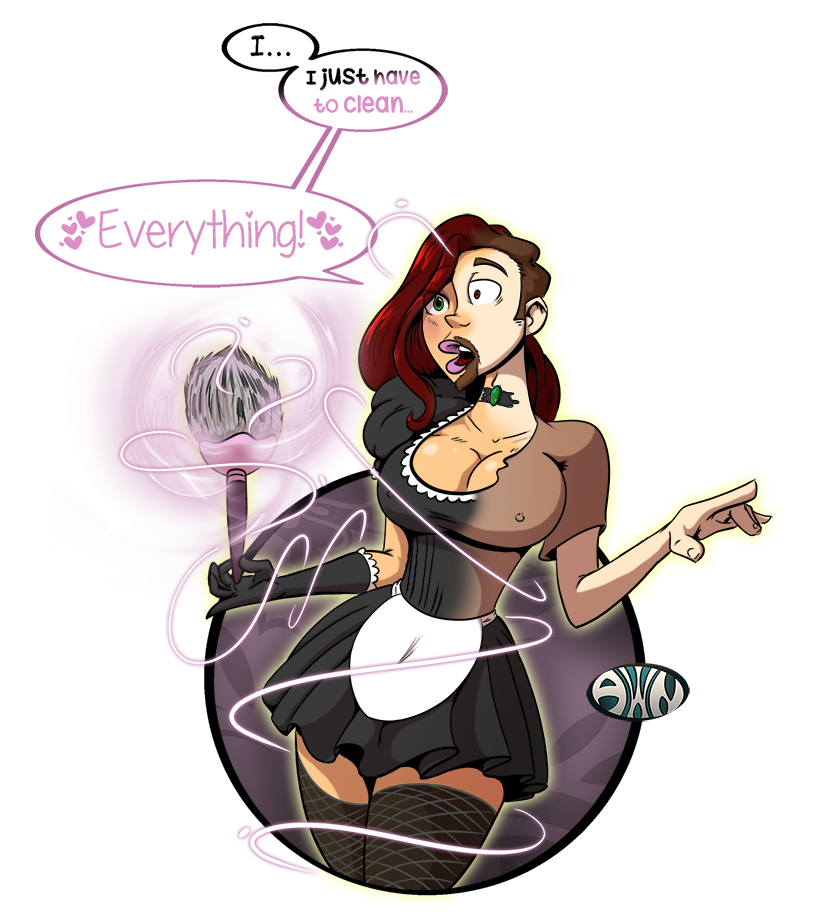 a_witty_name breasts erect_nipples feather_duster femsub fishnets gender_transformation gradient_text green_eyes hair_growth kaa_eyes large_breasts long_hair magic maid mtf_transformation original red_hair text thighhighs transformation western