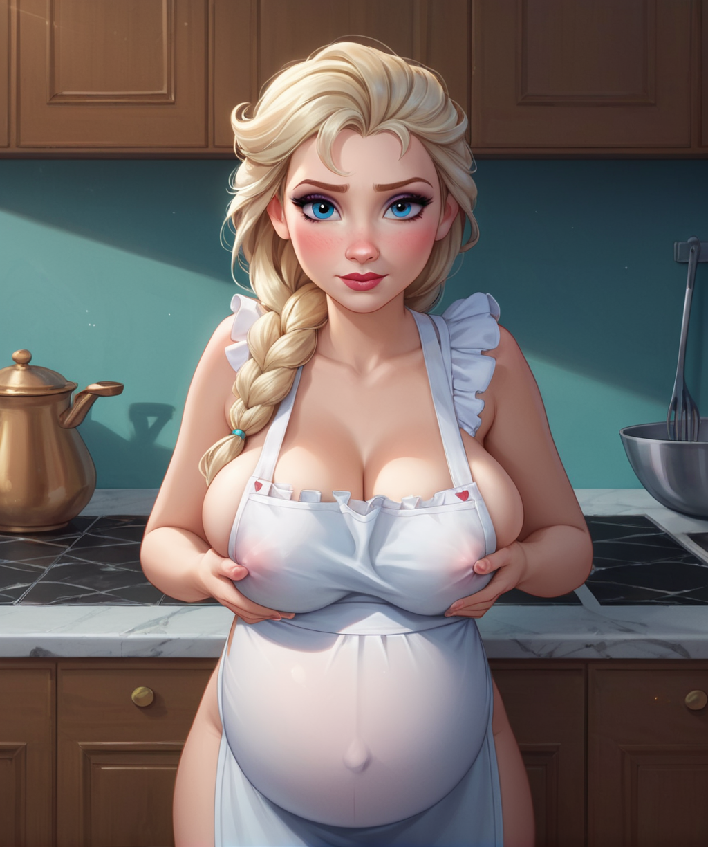 ai_generated apron apron_only blonde_female blonde_hair blonde_hair_female blue_eyes disney disney_princess elsa_(frozen) freckles freckles_on_breasts freckles_on_face frozen_(film) holding_breast nipples_visible_through_clothing pregnancy pregnant pregnant_belly pregnant_female royalty