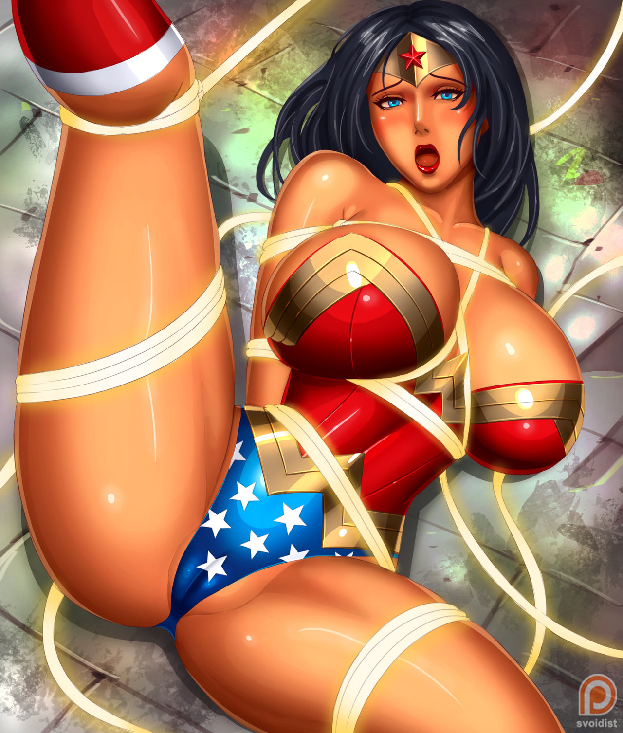 1girls, big breasts, bondage, breasts, dc, dc comics, diana prince, female, female only, huge breasts, lasso of truth, leotard, partially visible vulva, pussy, solo, spread legs, svoidist, wonder woman, wonder woman (series)