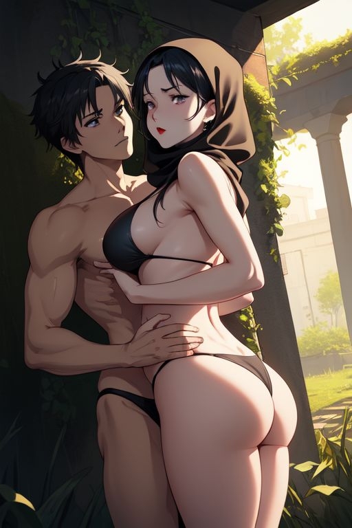 1boy 1boy1girl 1girl1boy 1girls ai_generated ass back bare_legs bare_shoulders big_breasts bikini black_bikini black_clothing black_hair black_underwear blue_eyes blush blushing blushing_at_viewer blushing_female hand_on_waist hijab hugging light-skinned_female light_skin looking_at_another looking_at_partner looking_at_viewer muslim muslim_female red_lips red_lipstick round_ass slim_waist straight tan_skin