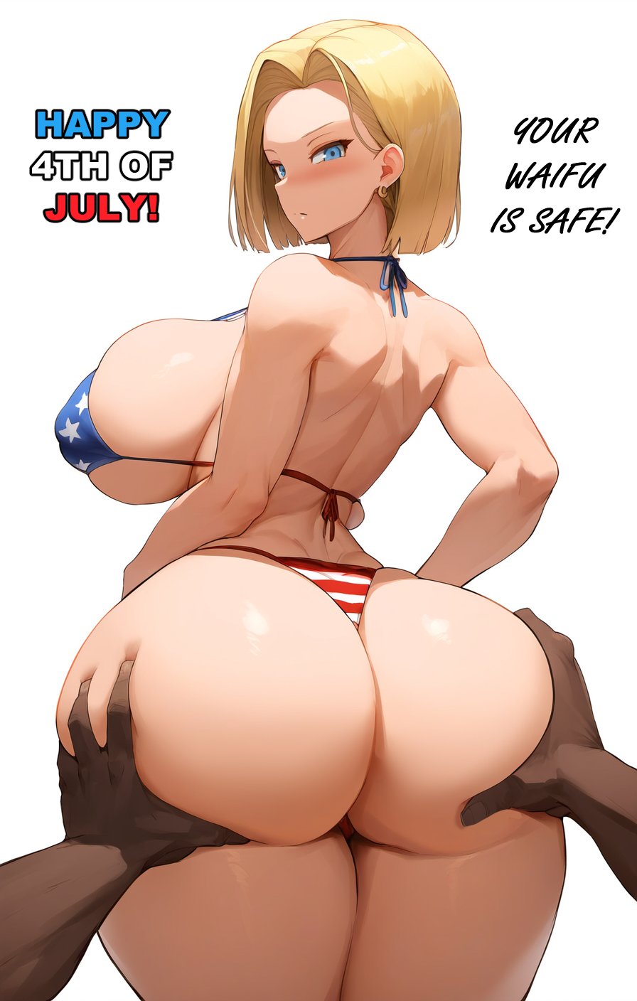 1boy 1girls 4th_of_july ai_generated american_flag_bikini android_18 ass ass_bigger_than_head ass_focus big_ass big_breasts bikini black_guy black_male black_man black_pov blonde_hair blue_eyes breasts cuckold dark-skinned_male dark_skin dat_ass dragon_ball dragon_ball_super fat_ass female female_focus grabbing grabbing_ass groping groping_ass hands_on_ass hips huge_ass huge_breasts huge_cock interracial large_ass large_breasts light-skinned_female light_skin male male_pov medium_hair pov revealing_clothes white_background wide_hips