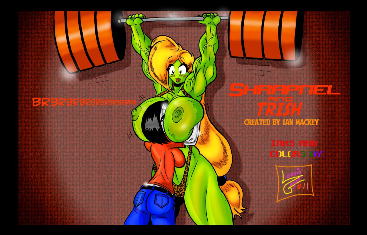 animal_print areolae barbell between_breasts bikini breasts busty green_eyes green_skin huge_breasts humanoid leopard_print lon40 marauder6272 motorboating nipples orange_hair shrapnel_(character) sling_bikini sling_bikini_aside trish weightlifting