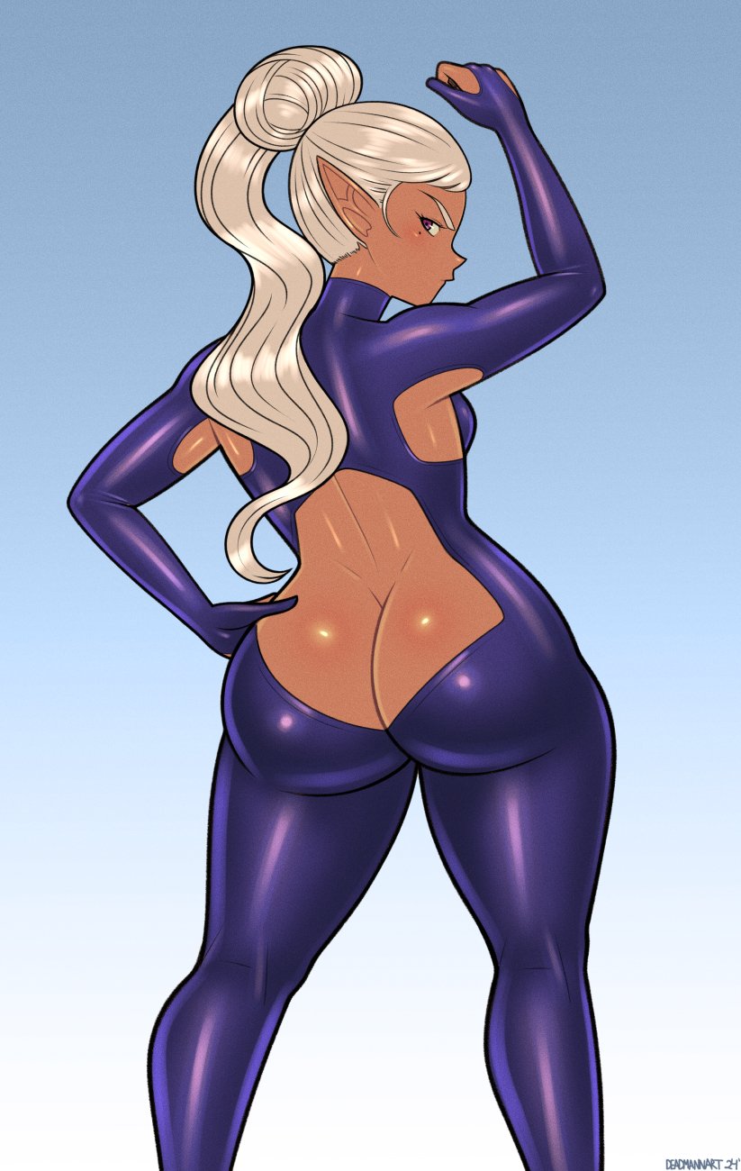 1girls ass ass_cleavage ass_cutout big_ass blonde_hair bodysuit breasts cake caked_up curvy dark-skinned_female dark_elf dark_skin deadmannart elf elf-san_wa_yaserarenai fat_ass female humanoid kuroeda long_hair looking_back pointy_ears revealing_clothes thick_thighs white_hair wide_hips