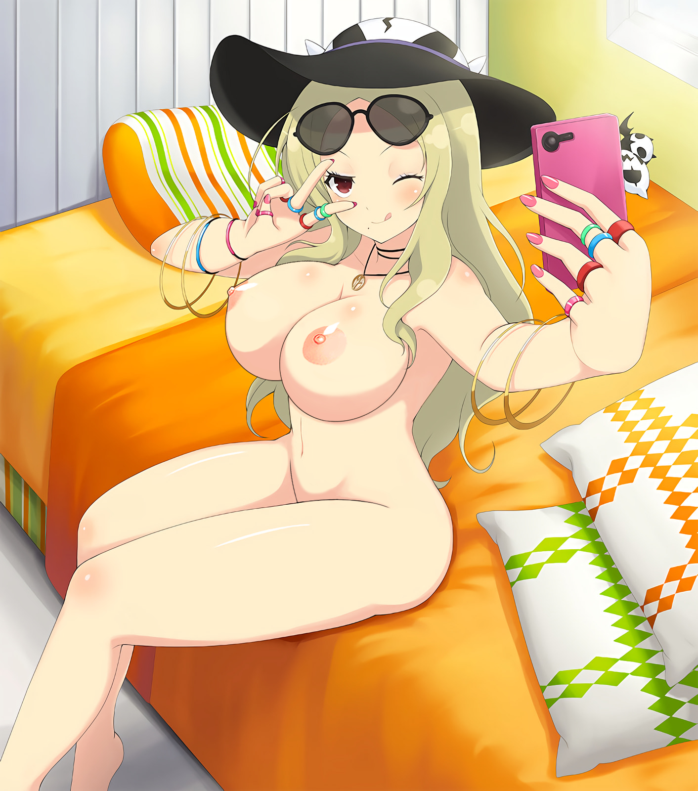 blonde hair, breasts, edit, female, gyaru, large breasts, nail polish, nude, one eye closed, photoshop, red eyes, senran kagura, shiki (senran kagura), tagme, teenage breasts, teenage female, teenage girl, teenager, yaegashi nan