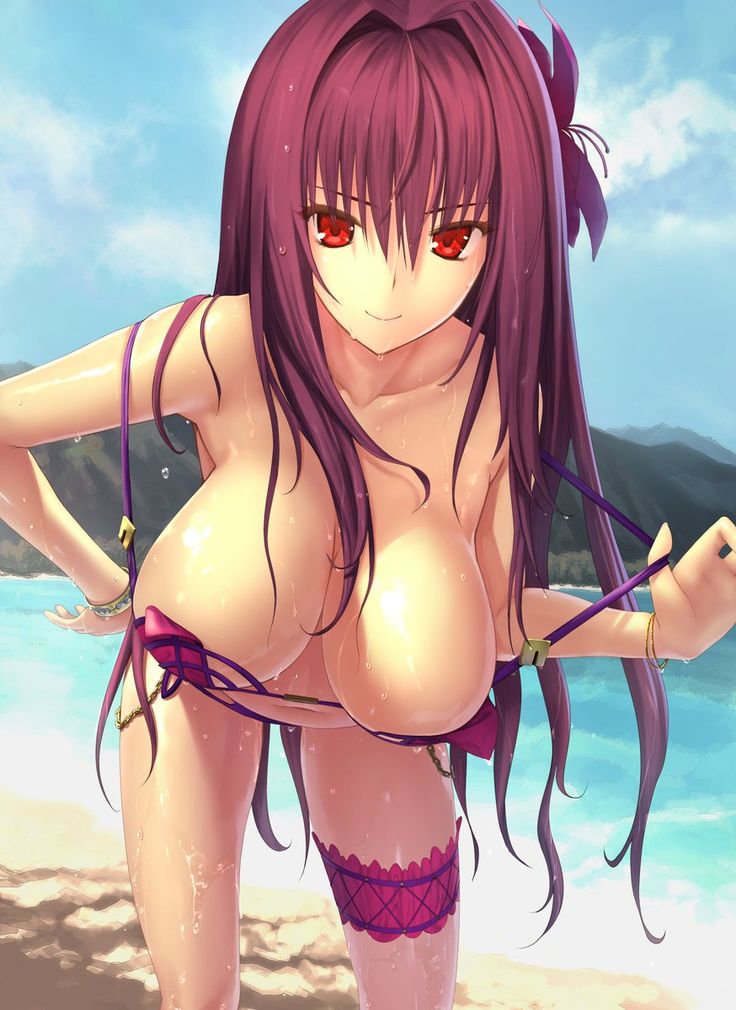breasts, fate (series), fate/grand order, female, female only, large breasts, looking at viewer, one breast out, purple hair, red eyes, scathach (fate), scathach (swimsuit assassin), smiling, swimsuit, tagme