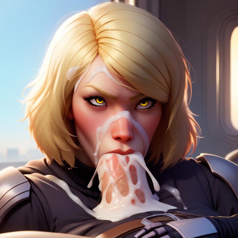 ai_generated blonde_hair blowjob cum cum_on_face lana_beniko sith sith_eyes star_wars star_wars:_the_old_republic yellow_eyes