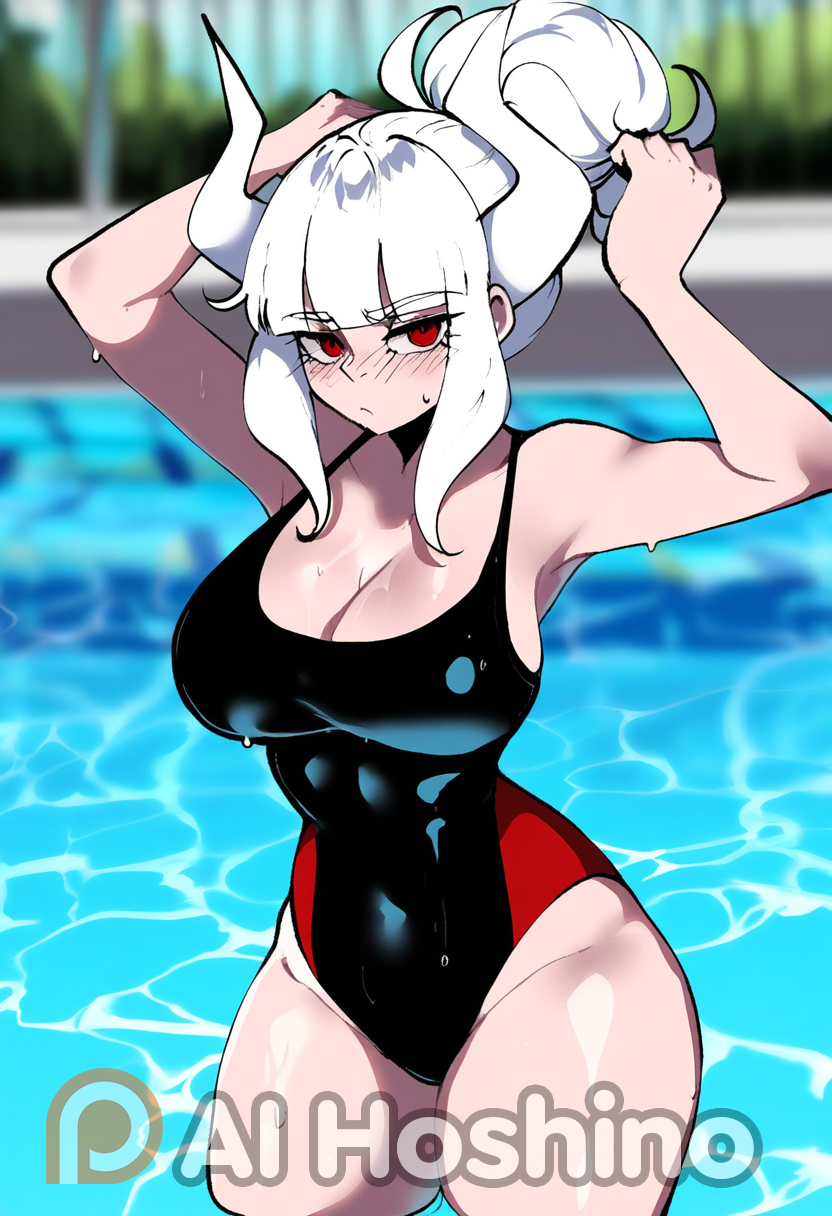 ai_generated blush female helltaker highres hoshino_ai_(generated) looking_at_viewer lucifer_(helltaker) ponytail portrait solo swimming_pool swimsuit swimwear thiccwithaq_(ai_style) thick_ass thick_thighs tying_hair upper_body water wet white_hair