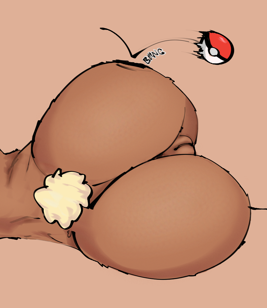 anus ass big_butt brown_body brown_fur female fur generation_4_pokemon genitals humanoid lagomorph lopunny lying mammal nintendo on_side onomatopoeia pokeball pokemon pokemon_(species) pussy short_tail simple_background solo sound_effects tacodawg tail text white_body white_fur