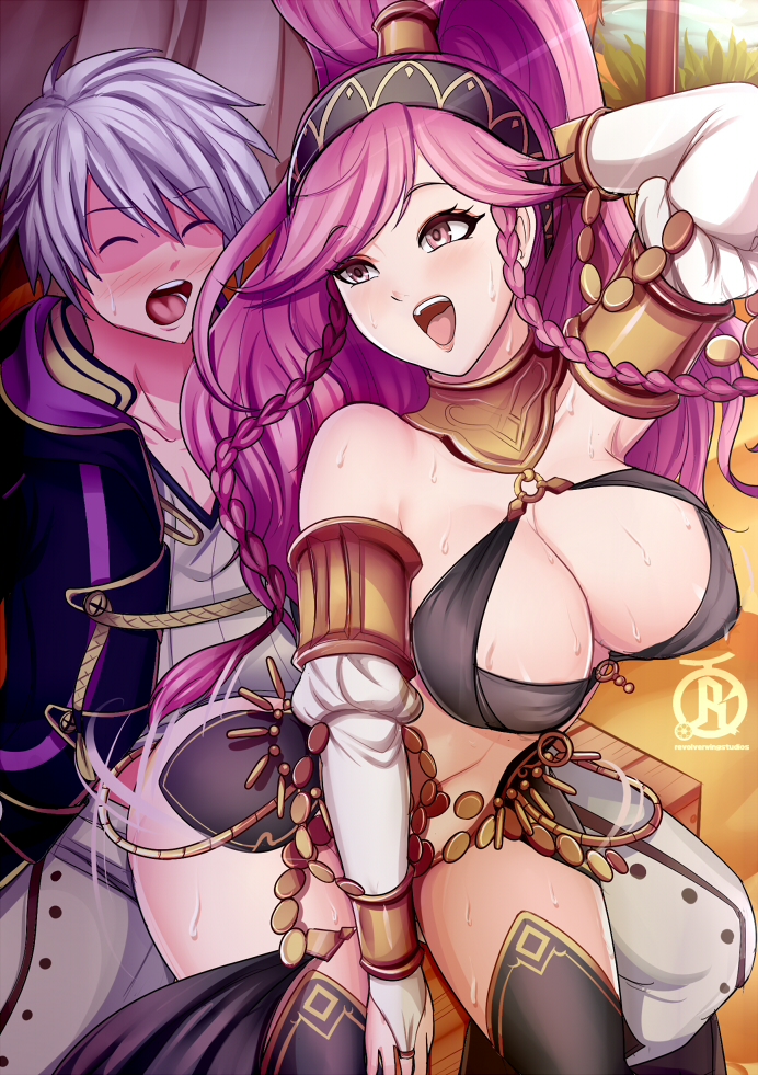 1boy, alternate costume, ass, ass shake, assjob, blush, breasts, buttjob, dancing, female, fire emblem, fire emblem awakening, fire emblem heroes, grinding, lapdance, large breasts, male, nintendo, olivia (fire emblem), open mouth, pink eyes, pink hair, ponytail, revolverwingstudios, robin (fire emblem), robin (fire emblem) (male), rubbing, skirt, sweat, thighs, tied hair, white hair, wide hips