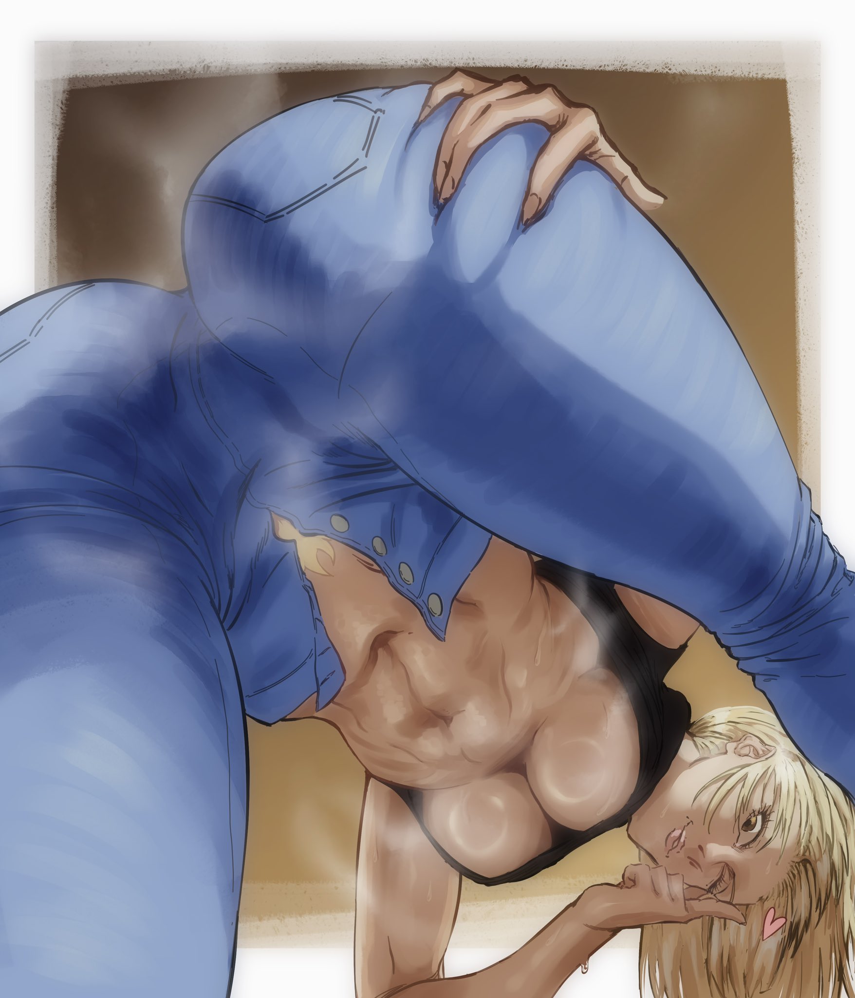 1girls, abs, ass, blonde hair, blonde-haired female, blue jeans, breasts, brown background, female, hand on ass, hand on butt, heart, jeans, jujutsu kaisen, kumkwat art, solo, underboob, unzipped, yuki tsukumo