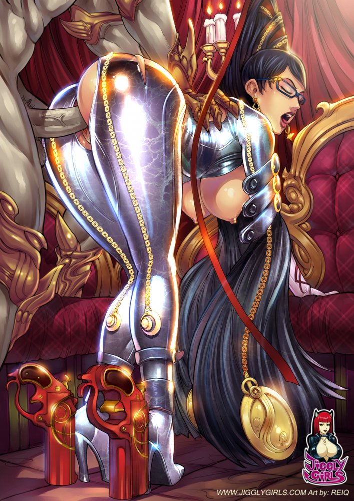 areola ass bayonetta bayonetta_(character) bent_over black_hair breasts burning_candles busty candles cleavage dat_ass doggy_style female glasses gold gun hanging_breasts high_heels huge_breasts human large_breasts legs lipstick long_hair long_legs makeup male medallion nipples open_mouth penis reiq sega sex straight tongue tongue_out torn_clothes voluptuous weapon