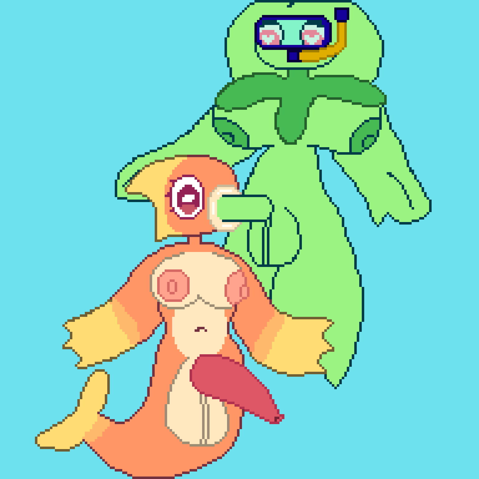 2futas anthro bella_(screwroot) blue_background clothing fish futanari green_body ije06487577 oral orange_body pixel_art