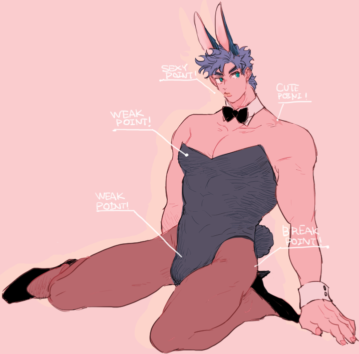 1boy battle_tendency bunny_boy bunny_ears bunnysuit high_heels joestar_birthmark jojo's_bizarre_adventure joseph_joestar male male_only solo text