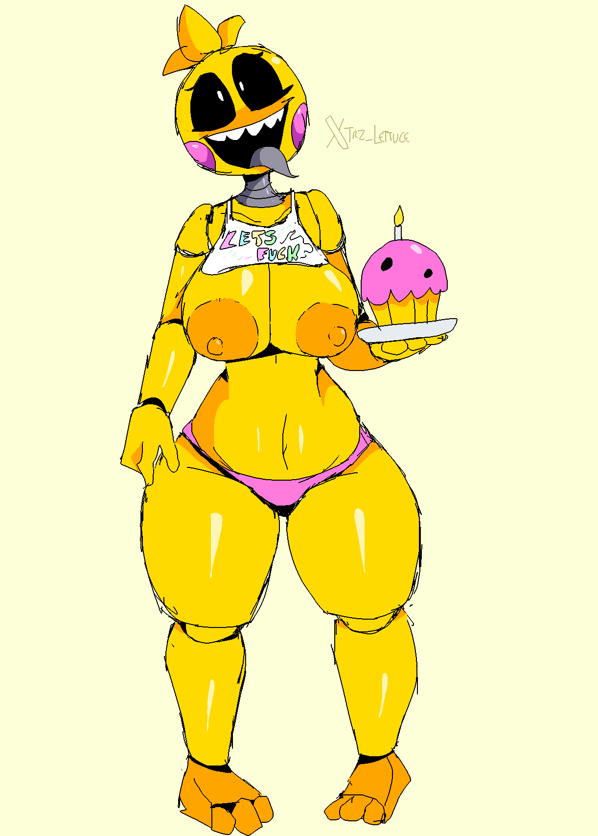 animatronic animatronic_female bib big_breasts breasts breasts_out chicken five_nights_at_freddy&#039;s five_nights_at_freddy&#039;s_2 robot toy_chica_(fnaf) trz_lettuce