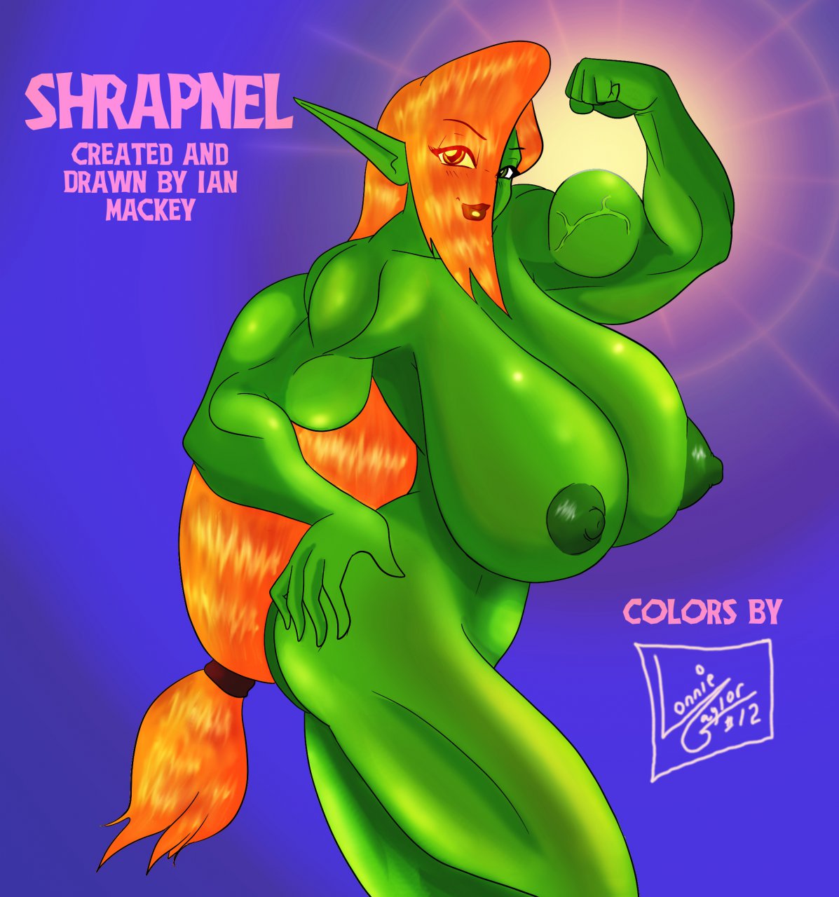 1girls areolae biceps breasts erect_nipples female female_only flexing green_eyes green_skin huge_breasts humanoid lon40 looking_at_viewer marauder6272 muscles muscular_female nipples nude orange_hair pointy_ears shrapnel_(character) solo