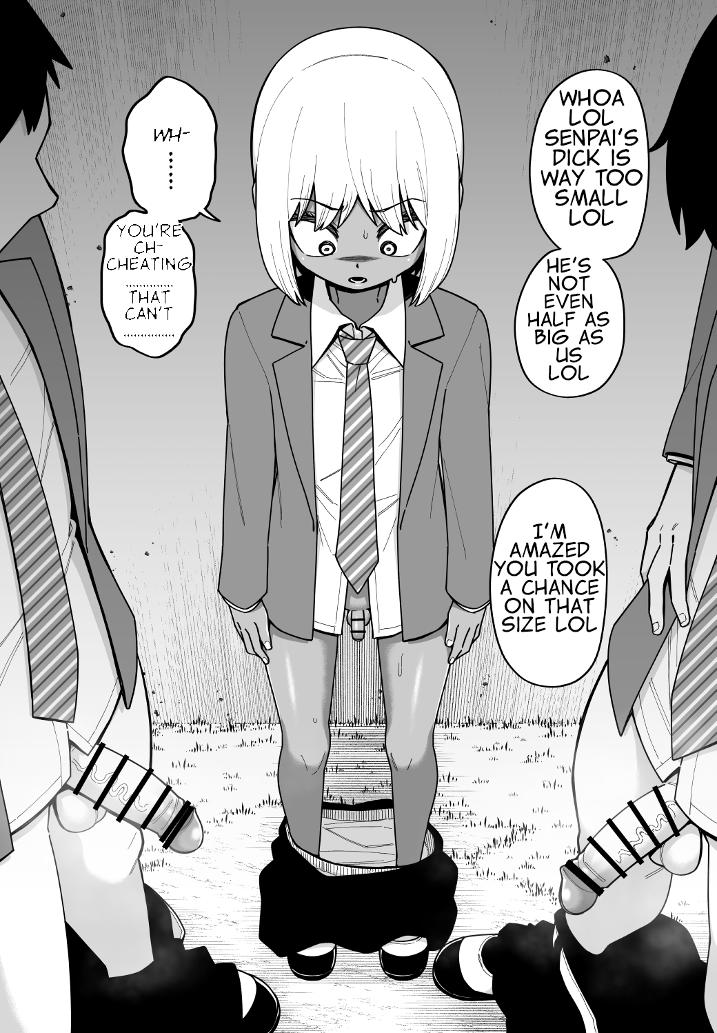 3boys age_difference big_penis black_hair blonde_hair censored dark-skinned_femboy dark-skinned_male dialogue femboy light-skinned_male micropenis penis penis_size_difference school_uniform shinagawa_mikuzu sissy small_penis small_penis_humiliation smaller_male student students text tie tiny_penis