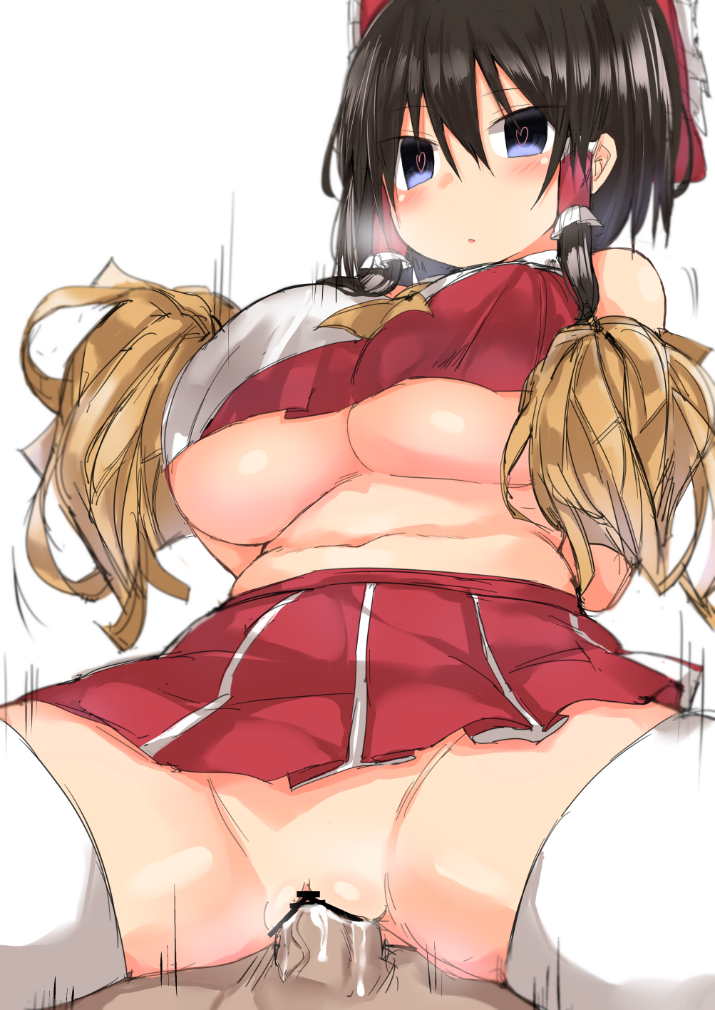 1boy adapted_costume bar_censor belly black_hair blue_eyes bow breasts censored cheerleader crop_top cum cum_in_pussy female golgi_hon hair_tubes hairbow heart heart-shaped_pupils highres large_breasts miniskirt navel penis pleated_skirt plump pom_poms red_bow red_skirt reimu_hakurei shiny shiny_hair sidelocks simple_background sitting skirt straight symbol-shaped_pupils thighhighs touhou underboob white_background white_legwear