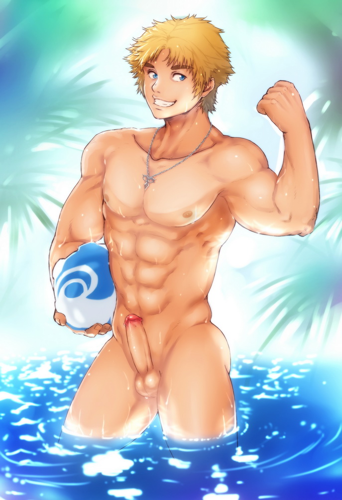 1boy blonde_hair final_fantasy final_fantasy_x kichiku_kishi_no_ero_bi-gaku male_only nude outdoors penis smile solo tidus water