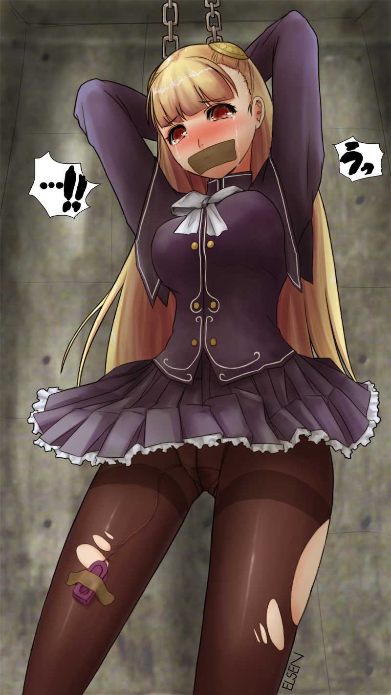 1girls, arms up, blonde hair, blush, bondage, bound, capcom, capcom fighting jam, chains, clothing, egg vibrator, elsen, female, female only, femsub, gag, gagged, highres, ingrid (capcom), pantyhose, red eyes, skirt, skirt lift, solo, street fighter, tape, tape gag, taped mouth, tears, vibrator, vibrator taped to leg, vibrator under clothes