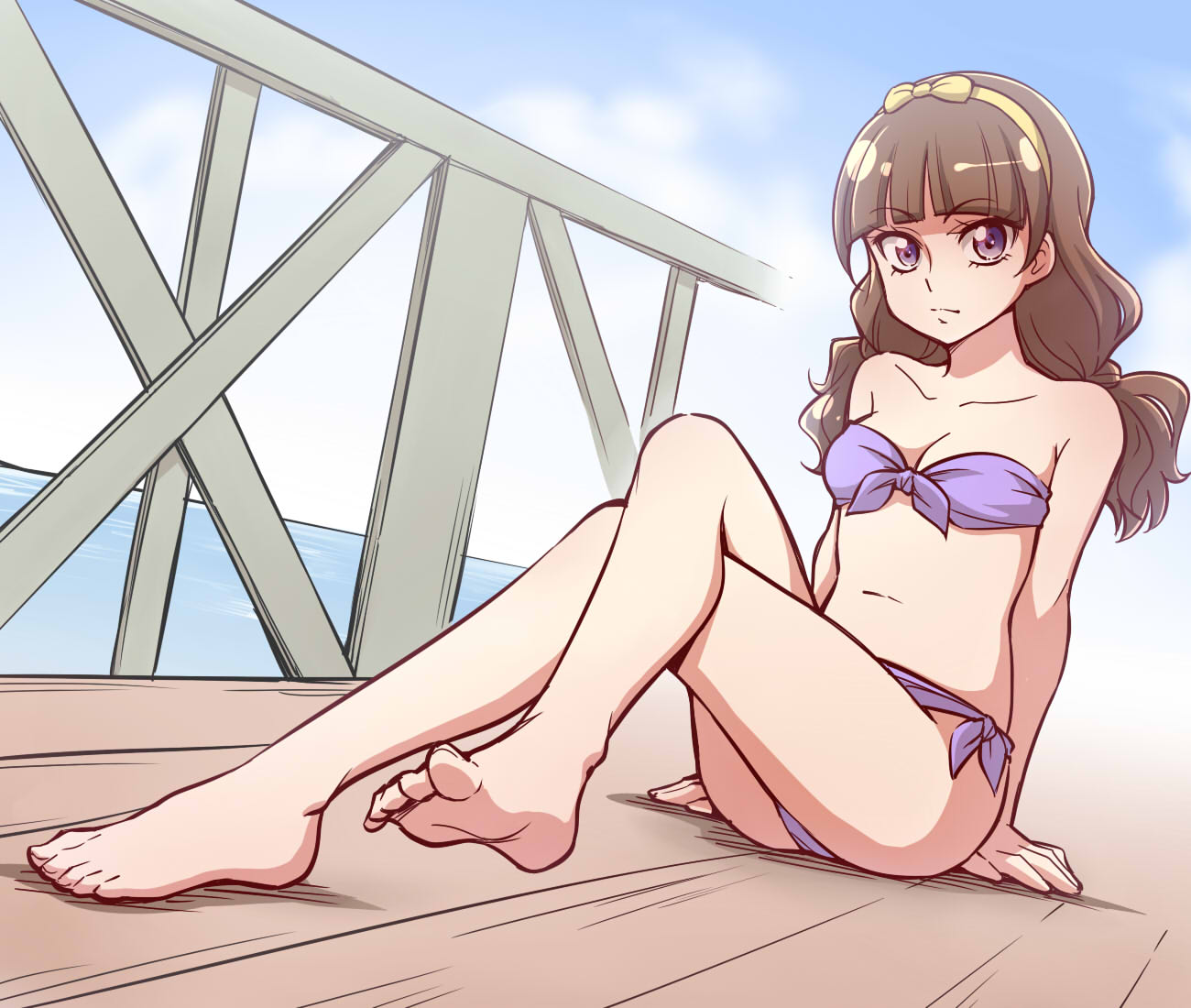 1girls amanogawa_kirara barefoot bikini breasts brown_hair cleavage feet female female_only go!_princess_precure legs looking_at_viewer ogry_ching precure pretty_cure purple_eyes sitting small_breasts soles solo swimsuit toes