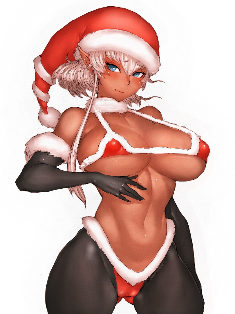 big_breasts blush breasts cameltoe cleavage dark-skinned_female dark_skin female female_only fumio_(rsqkr) large_breasts looking_at_viewer santa_hat solo