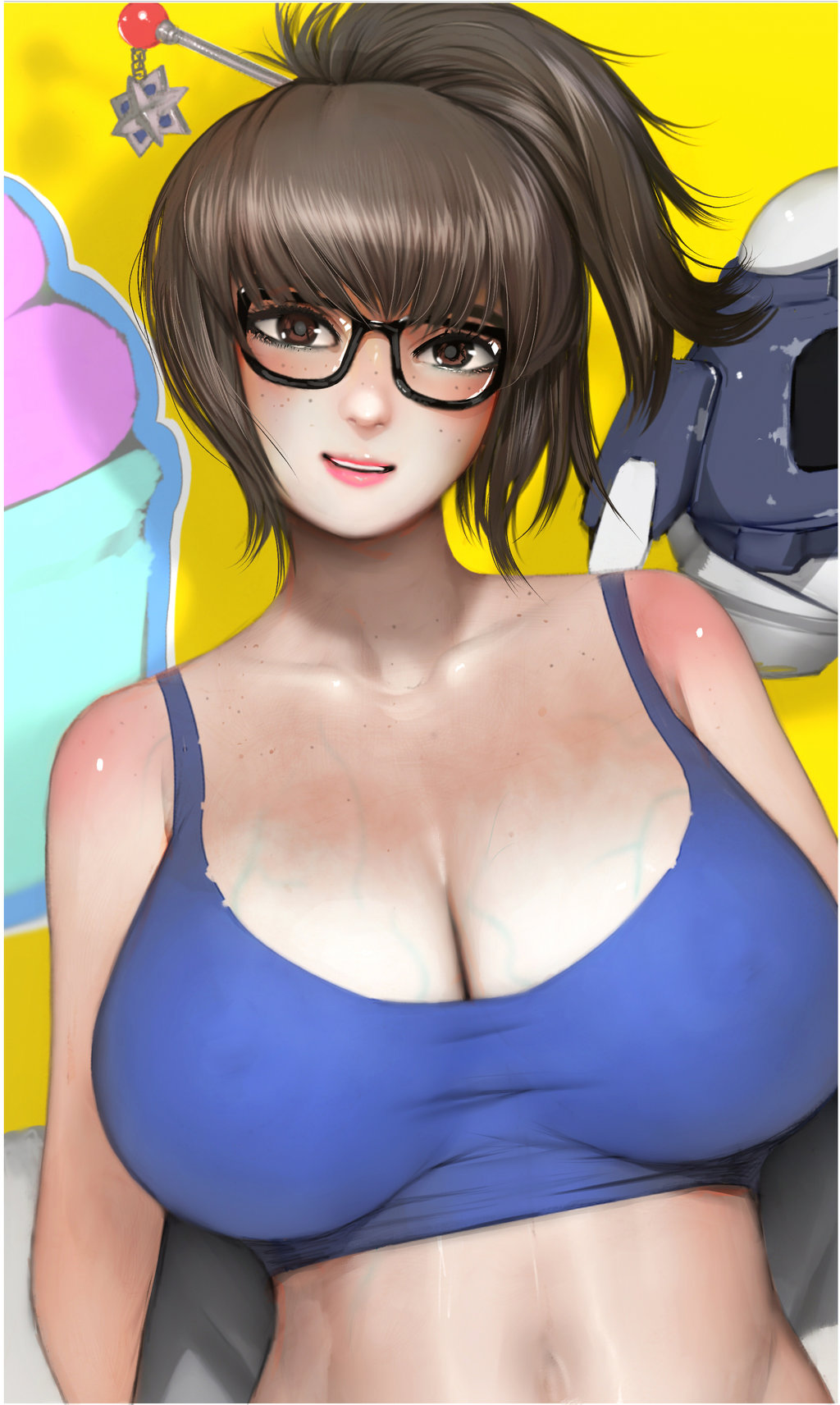 1girls, 2017, big breasts, breasts, female, female only, freckles, glasses, long hair, mei (overwatch), mei ling zhou, midriff, overwatch, pony tail, randystarfru1t, solo, tank top, veiny breasts