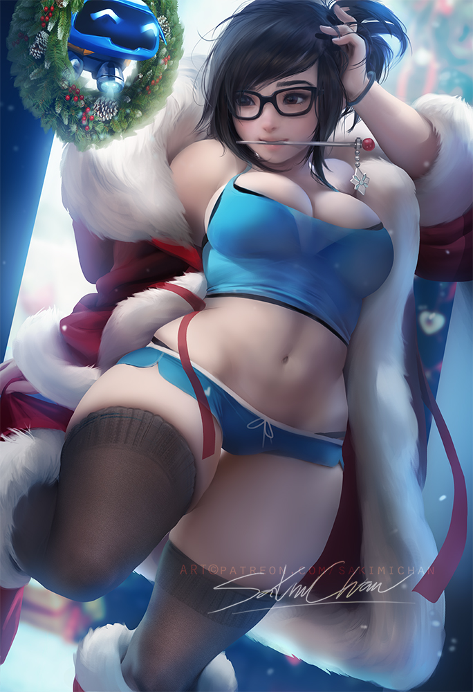 1girls, big breasts, bra, breasts, cleavage, eyewear, female, female only, glasses, large breasts, mei (overwatch), overwatch, panties, sakimichan, see-through, snowball (overwatch), thick thighs, thighhighs