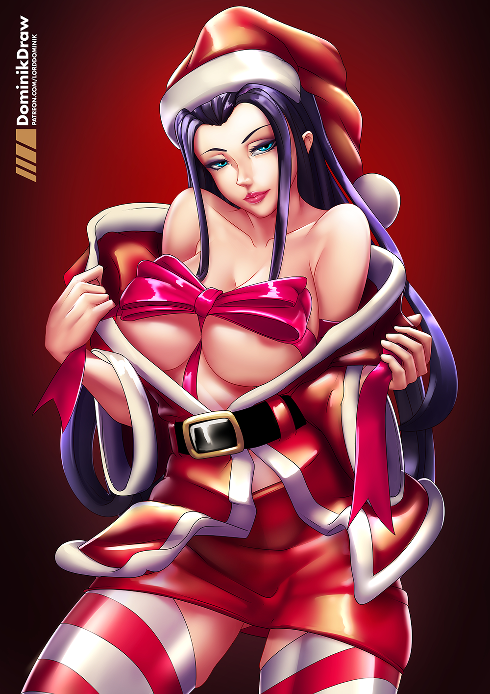 big_breasts breasts caitlyn_kiramman christmas cleavage female female_only large_breasts league_of_legends looking_at_viewer lord_dominik santa_hat solo thighhighs