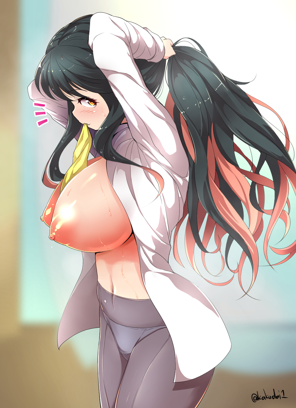 1girls abs arms_up black_hair blurry blush breasts cowboy_shot depth_of_field dress_shirt eyelashes female female_only front-seamed_legwear grey_legwear highres indoors kakudai_(hujikolp) kantai_collection large_breasts long_hair looking_at_viewer looking_to_the_side mouth_hold multicolored_hair naganami_(kantai_collection) navel nipples no_bra notice_lines open_clothes open_shirt panties pantyhose pink_hair ribbon ribbon_in_mouth seamed_legwear shirt sidelocks solo sweat text twitter_username two-tone_hair tying_hair underwear very_long_hair watermark white_shirt yellow_eyes yellow_ribbon