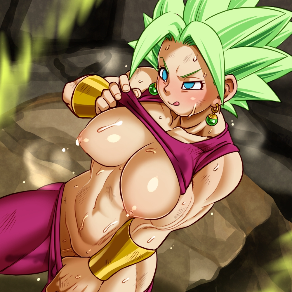 1girls :q abs aura bangs blue_eyes blush breasts collarbone commentary_request crop_top dragon_ball dragon_ball_super earrings female female_only fushisha_o fusion green_eyes green_hair groin jewelry kefla large_breasts legendary_super_saiyan licking_lips light-skinned_female light_skin muscle muscular_female navel nipples no_bra no_panties pants parted_bangs potara_earrings purple_pants saiyan seductive_smile shirt_lift short_hair smile solo spiked_hair spiky_hair super_form super_saiyan sweat tank_top tongue tongue_out vambraces