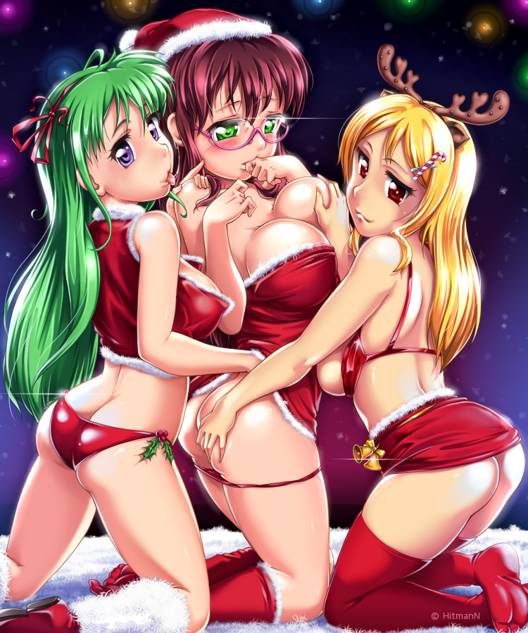 3girls ass ass_grab bells bikini_bottom bikini_top biting_finger blonde_hair breast_grab breasts brown_hair candy_cane christmas glasses green_eyes green_hair hitmann kneehighs kneeling mistletoe panties_down purple_eyes red_eyes red_skirt reindeer_antlers ribbon santa_hat shiny_skin smile thighhighs tongue_out yuri