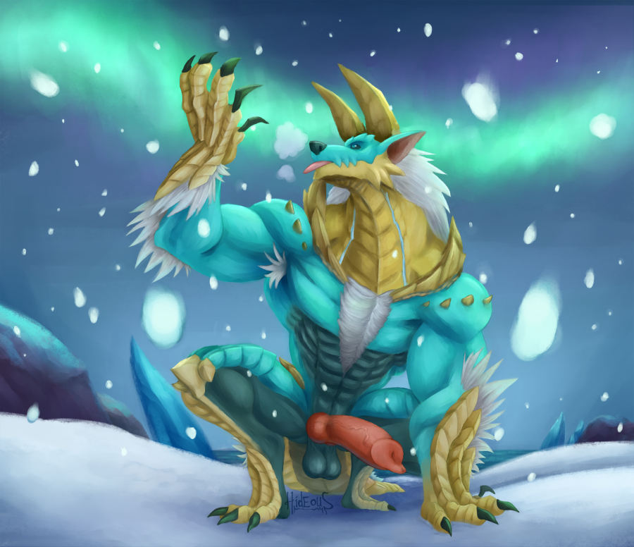 1boy animal_genitalia animal_penis anthro anthrofied armpit_hair balls biceps big_penis blue_skin broad_shoulders canine_penis capcom chest_tuft claws crouching erection fanged_wyvern fur horn knot landscape male male_only monster_hunter muscular muscular_male nsfw-hideous nude pecs penis pose snow solo spikes spread_legs spreading tongue tongue_out tuft video_games white_fur zinogre