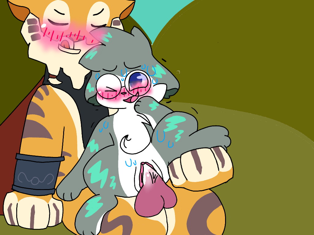 animal_jam blue_eyes blush blush_sticker bracelet clothing cum cute glasses_on_head male_on_female neon_otter otter sir_gilbert straight straight_sex sweat tiger vaginal_penetration wink