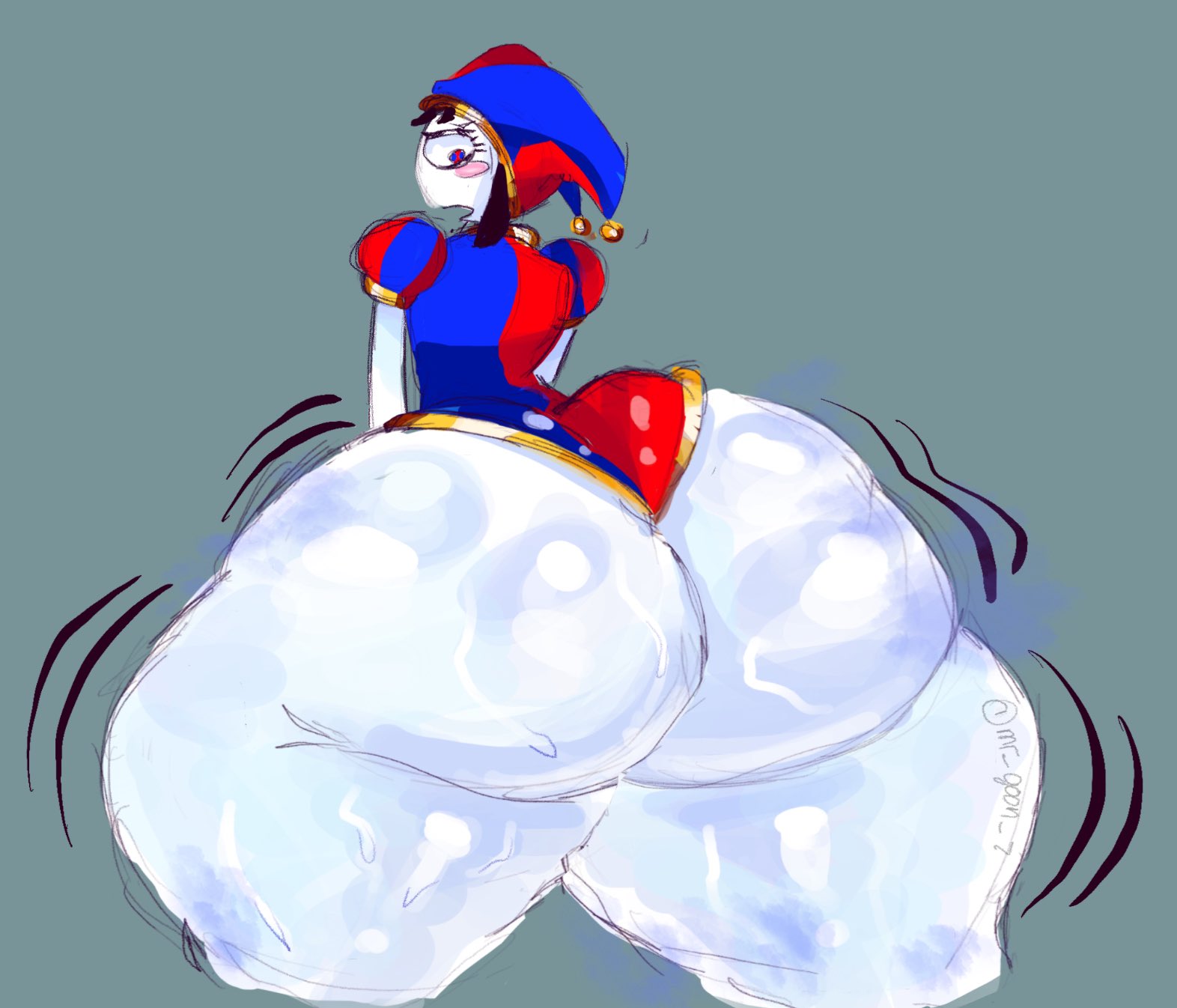 1girls, ass bigger than head, ass focus, bottom heavy, clown, clown girl, fat ass, female, glitch productions, jester, jester hat, mr goon, pomni (the amazing digital circus), steam, steaming body, sweat, sweating, the amazing digital circus, thick thighs, white body, wide hips, wobbling ass
