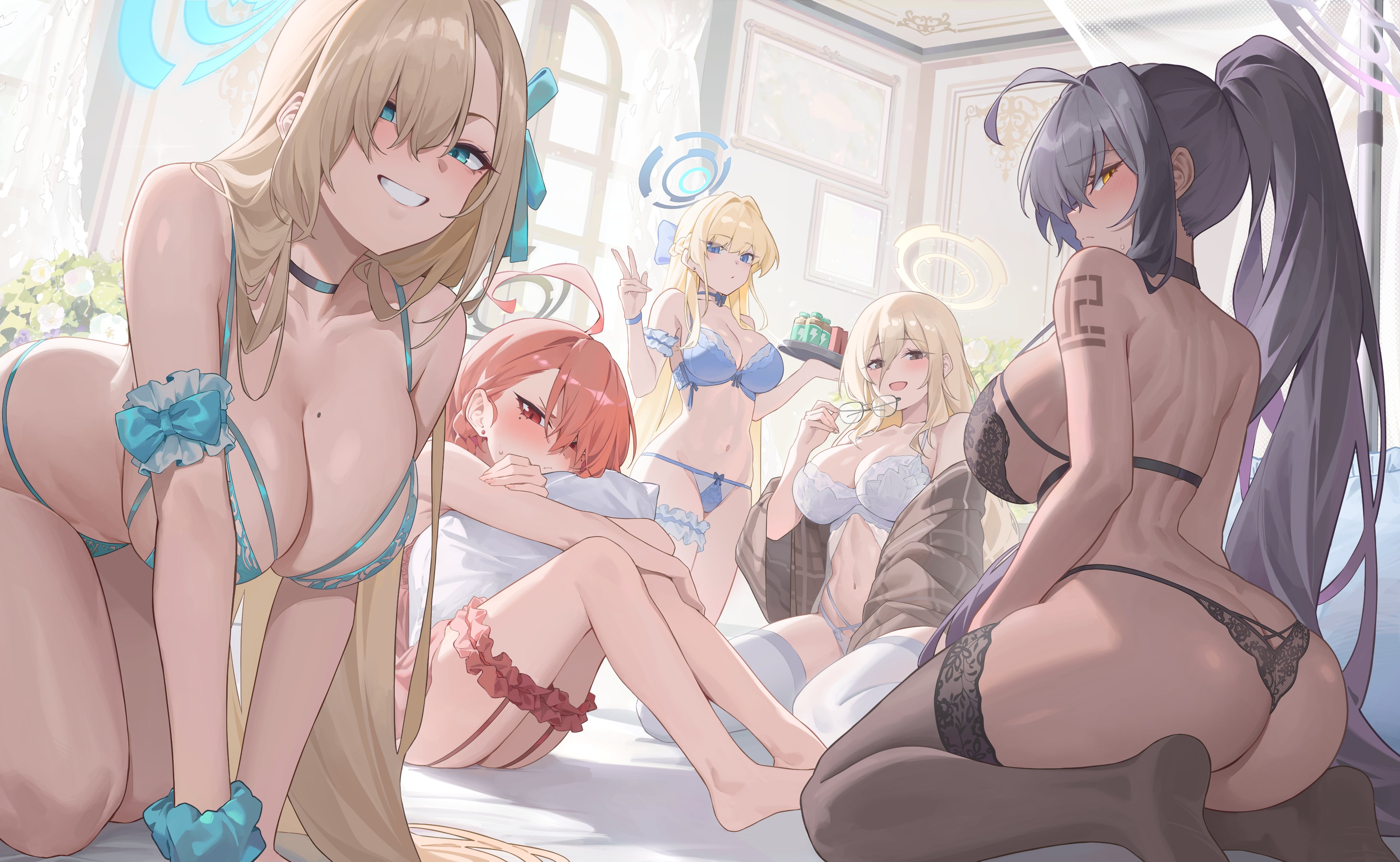 5girls, absurdres, ahoge, akane (blue archive), all fours, aqua bra, aqua eyes, aqua panties, aqua ribbon, ass, asuna (blue archive), bannou ippoutsukou, black bra, black panties, black thighhighs, blonde hair, blue archive, blue bra, blue halo, blue panties, blush, bra, breasts, cleaning & clearing (blue archive), cleavage, closed mouth, commentary request, day, female, female only, glasses, hair between eyes, hair ornament, hair ribbon, halo, hand up, highres, indoors, karin (blue archive), kneeling, large breasts, long hair, looking at viewer, mole, mole on breast, multiple females, multiple girls, navel, neru (blue archive), open mouth, panties, parted lips, ponytail, purple hair, purple halo, red eyes, red garter straps, red hair, ribbon, scrunchie, shoulder tattoo, sitting, smile, tattoo, teeth, thighhighs, thighs, toki (blue archive), underwear, v, white bra, white panties, white thighhighs, wrist scrunchie, yellow eyes, yellow halo